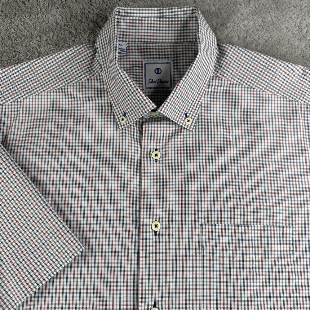 David Donahue Mens XL Short Sleeve Button Down Shirt Plaid 100% Cotton Pocket